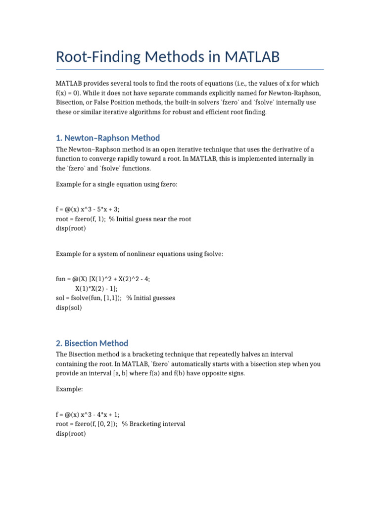 Root Finding Methods in MATLAB | PDF | Elementary Mathematics ...
