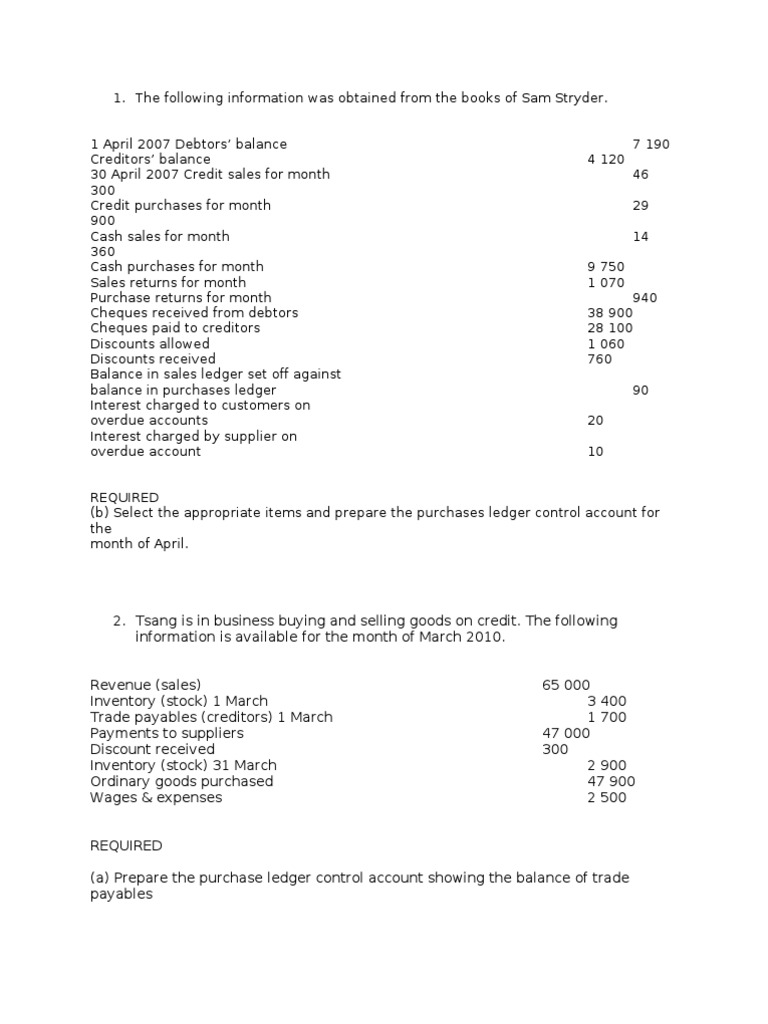 Control Accounts Practice Questions Pdf Debits And Credits Payments