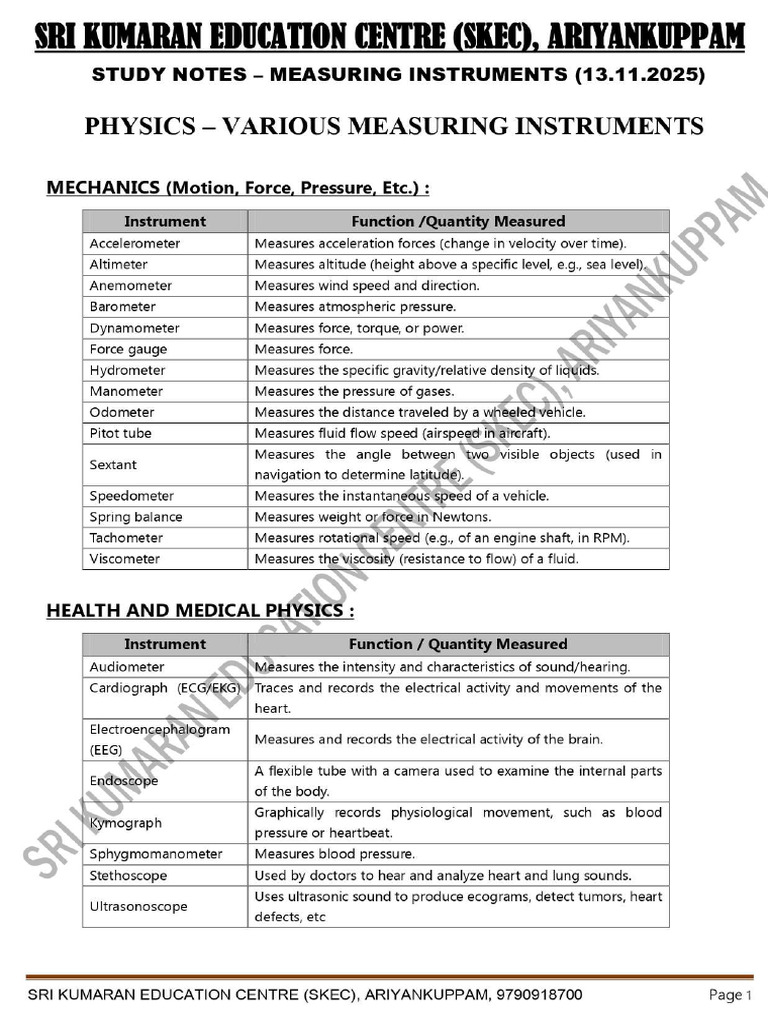 SKEC Study Notes - Measuring Instruments | PDF