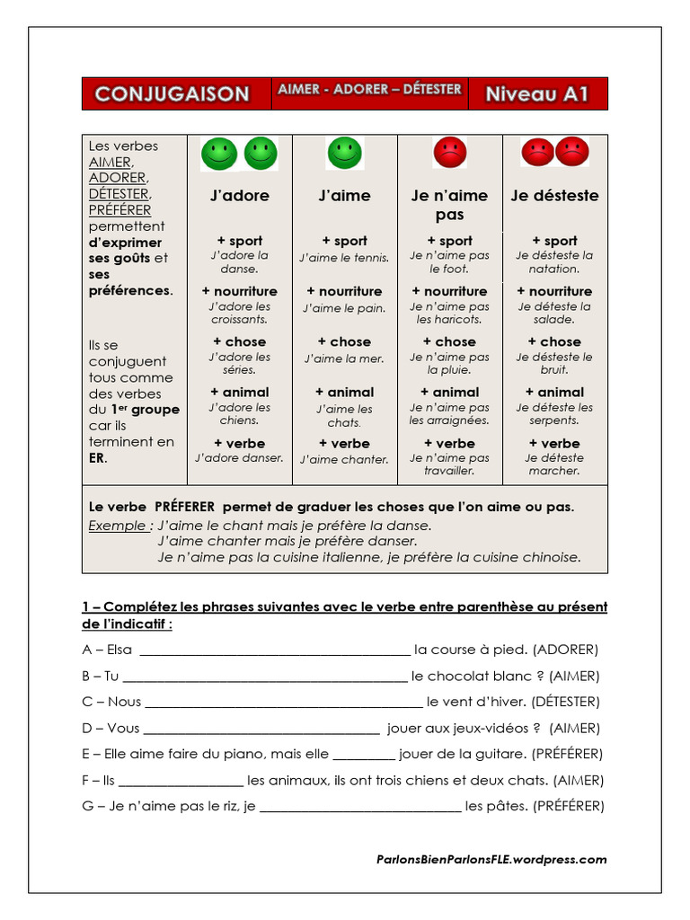 Les Verbes Aimer Adorer Et Detester | PDF