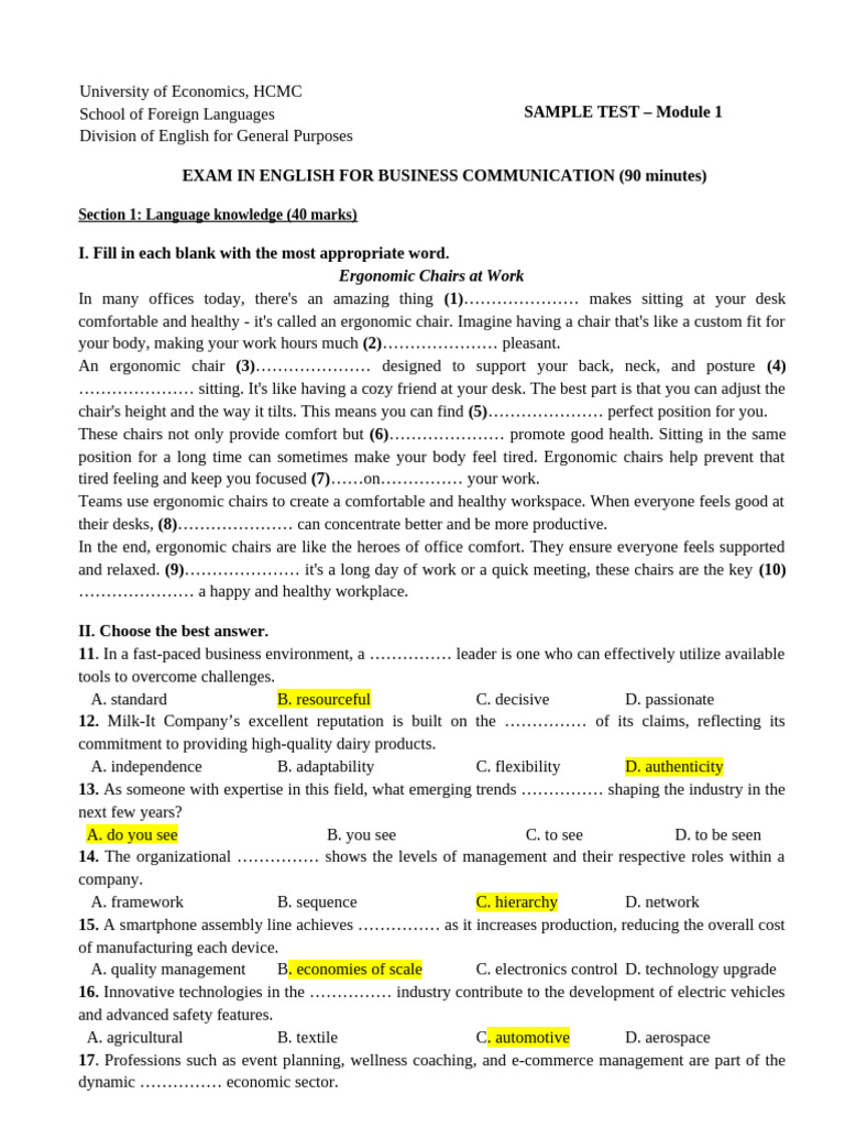 Edited - Sample Test - Module 1 | PDF | Chair | Vietnam