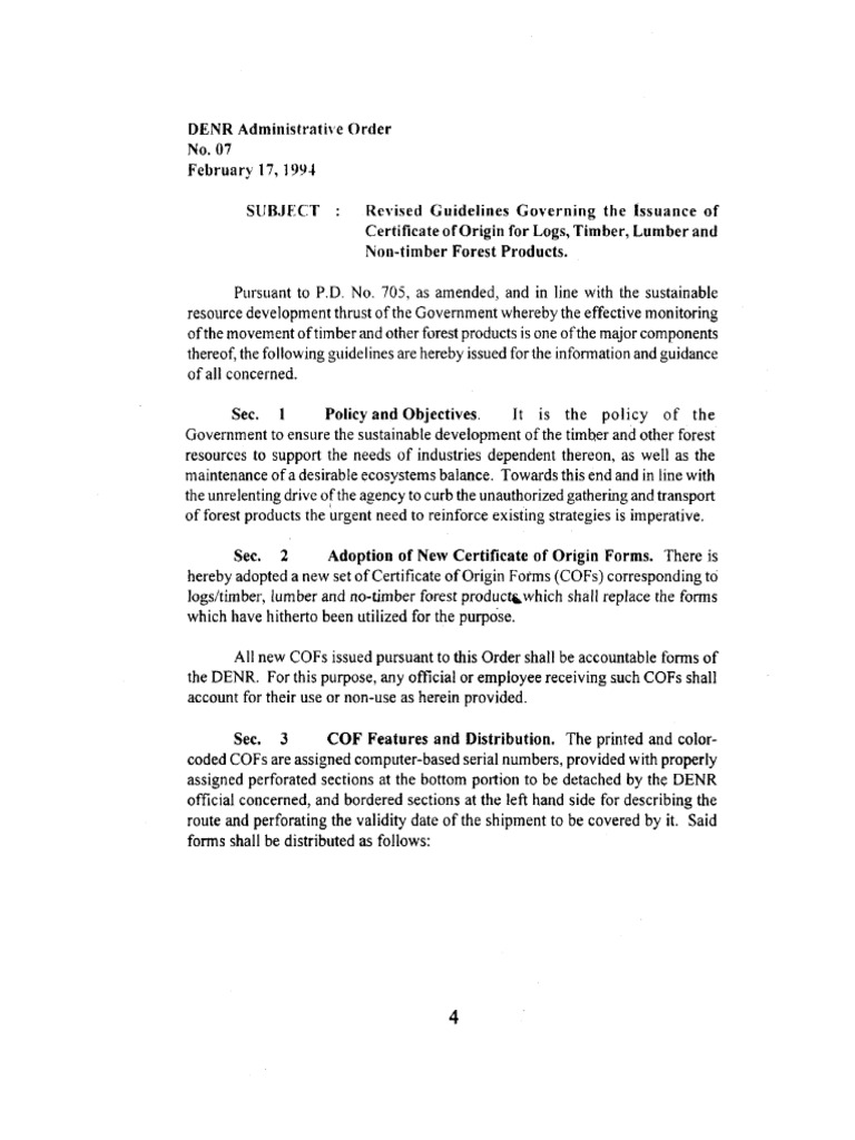DAO 1994-07 (Revised Guidelines on Cert of Origin for Logs, Timber ...