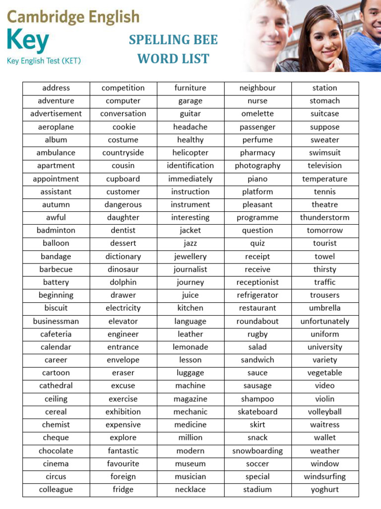 Spell Bee Word List For - A2 Key | PDF