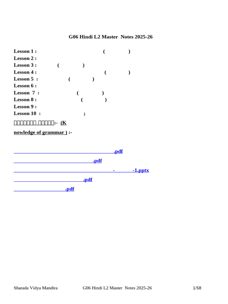 G06 Hindi L2 Master Notes 2025-26 | PDF