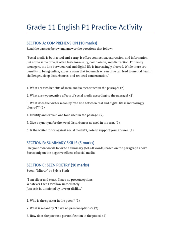 Grade 11 English Practice Activity | PDF