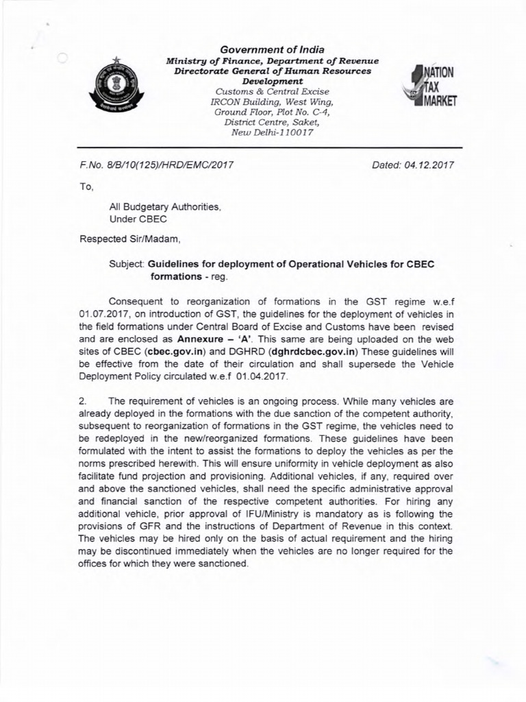 0 - Guidelines For Deployment of Operational Vehicles For CBEC | PDF ...