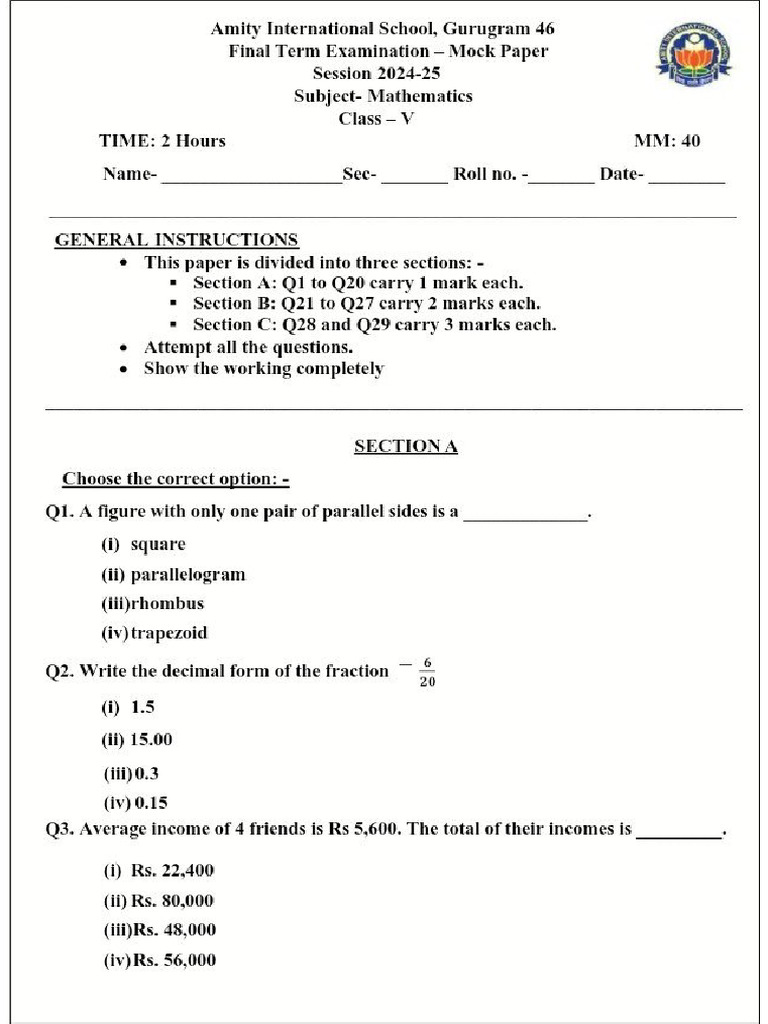 5th Class Test | PDF