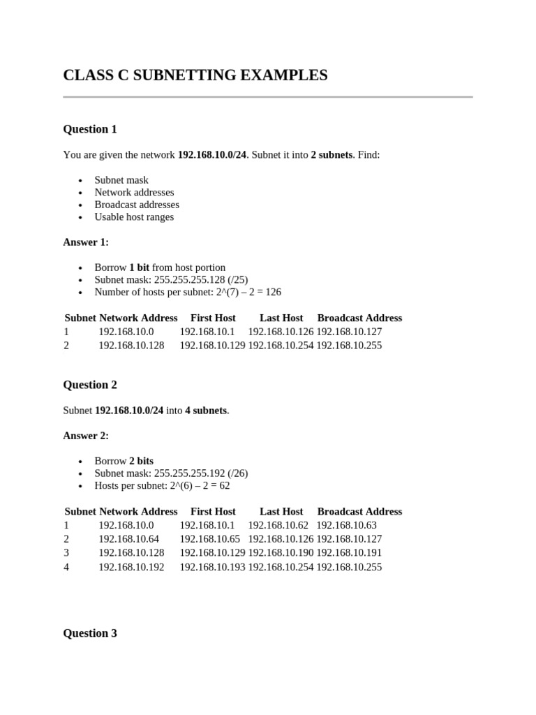 Class C Subnetting Examples | PDF | Internet Architecture | Network ...