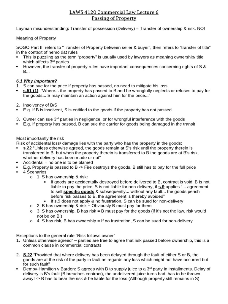 Commercial Law Lecture 6 Passing of Property in Goods | PDF | Property ...