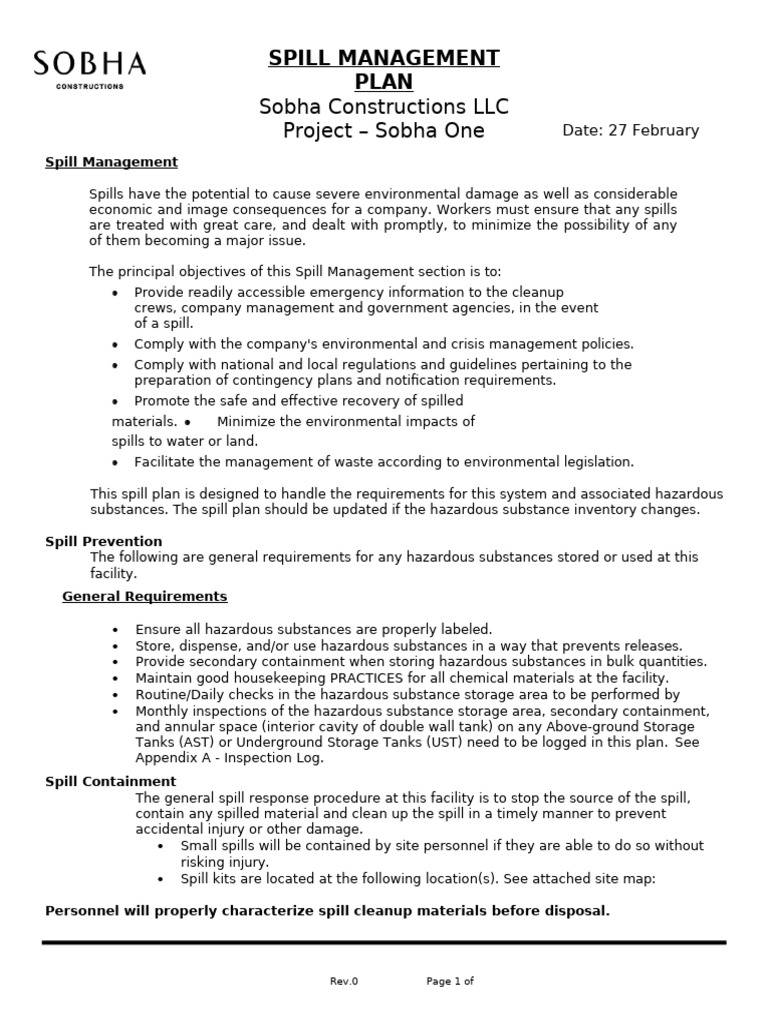 Spill Management Plan - SOBHA ONE | PDF | Dangerous Goods ...