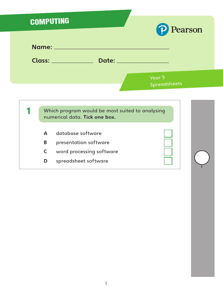 IPrimary Computing Year 5 Term 2 Spreadsheets Test | PDF