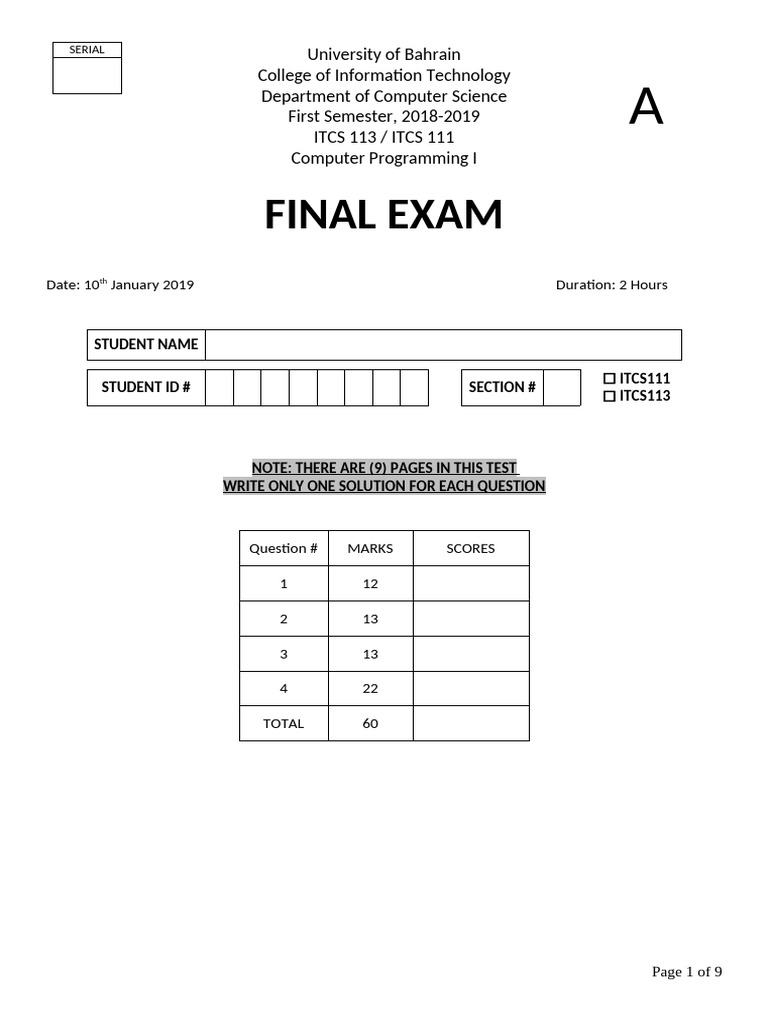 Itcs 113 Final S1 2018 - 2019 Fa | PDF | Computer Programming ...