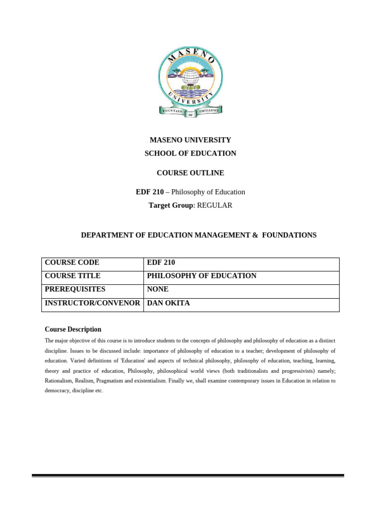Edf 210 Course Outline Maseno | PDF | Philosophy Of Education | Reason