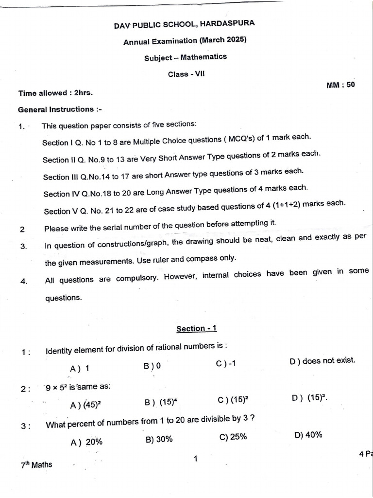 Paper Class 7 2025 | PDF