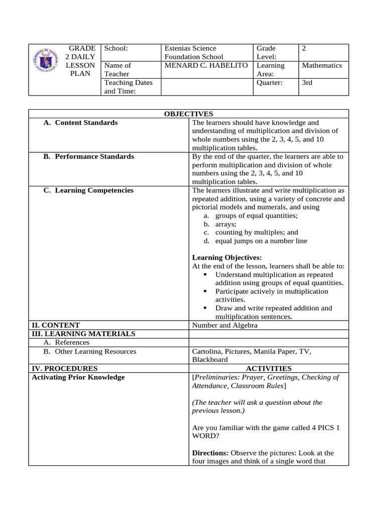 Final Grade 2 Lesson Plan Final | PDF | Multiplication | Learning