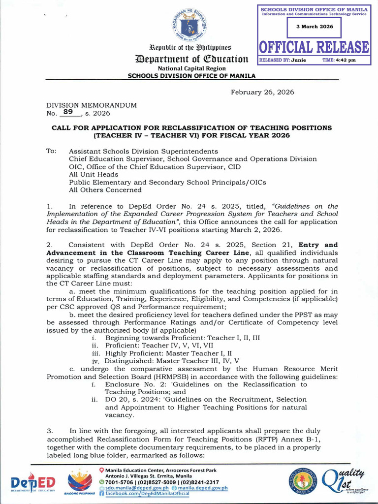 DM No. 89 S. 2026 Call For Application For Reclassification of Teaching ...