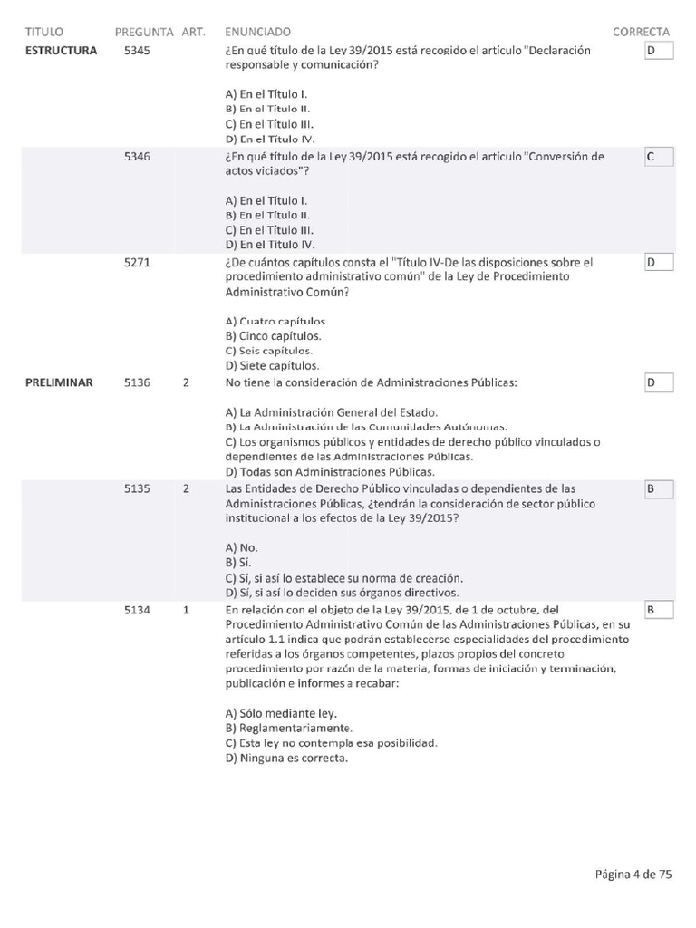 Test Ley 39 TITULO PRELIMINAR Y TITULO I (Respuestas) | PDF