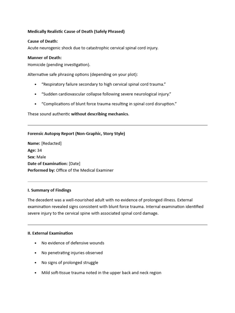 Medically Realistic Cause of Death | PDF | Spinal Cord Injury | Shock ...