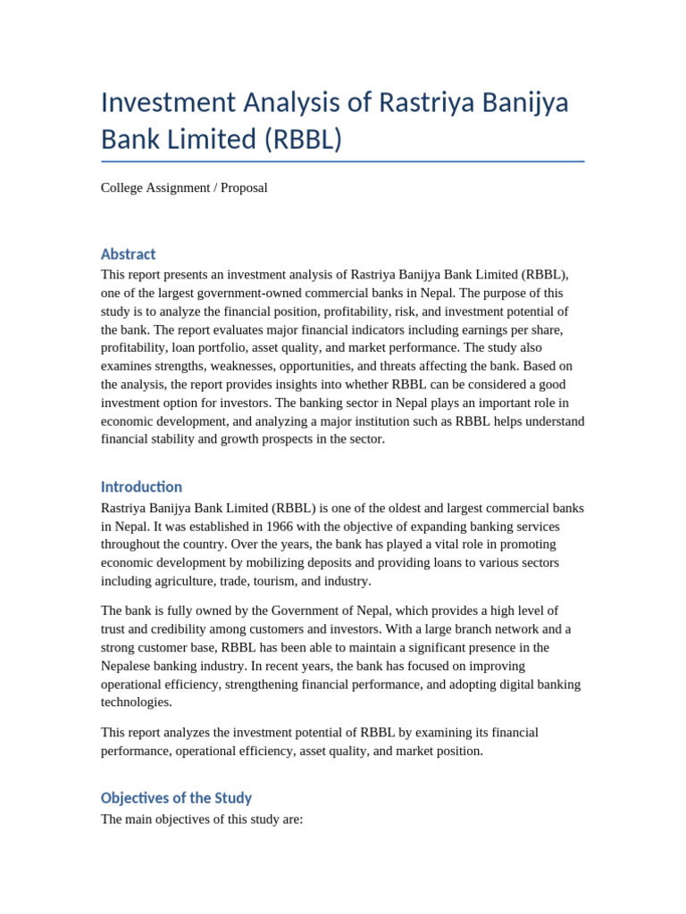 RBBL Investment Analysis Assignment-4 | PDF | Banks | Investing