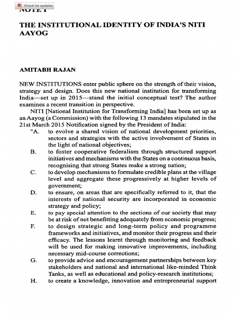 Rajan 2017 the Institutional Identity of India s Niti Aayog | PDF