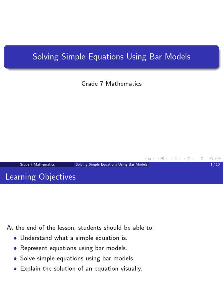 Solving Simple Equations Using Bar Models: Grade 7 Mathematics | PDF ...