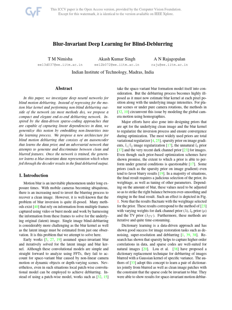 Blur-Invariant Deep Learning For Blind-Deblurring | PDF | Deep Learning ...