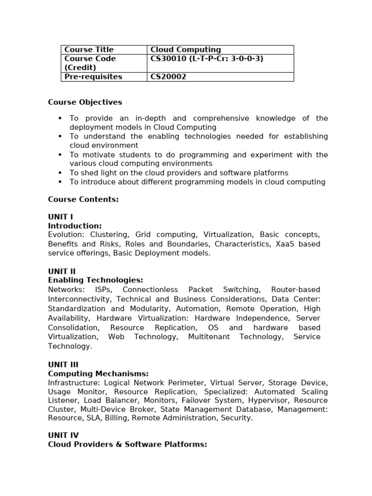 Syllabus and Lesson Plan (Cloud Computing, Spring 2026) | PDF | Cloud ...