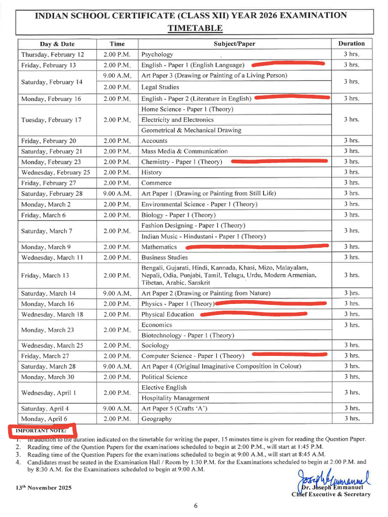 Time Table ISC 2026 | PDF