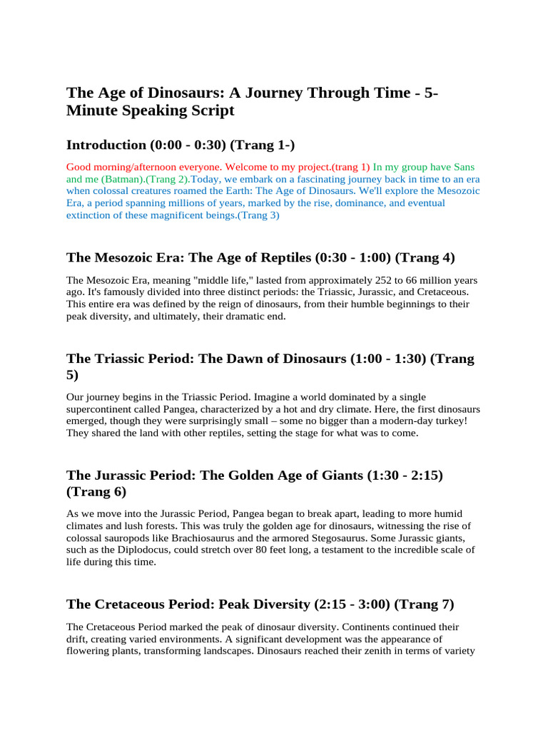 The Age of Dinosaurs A Journey Through Time - 5-Minute Speaking Script ...