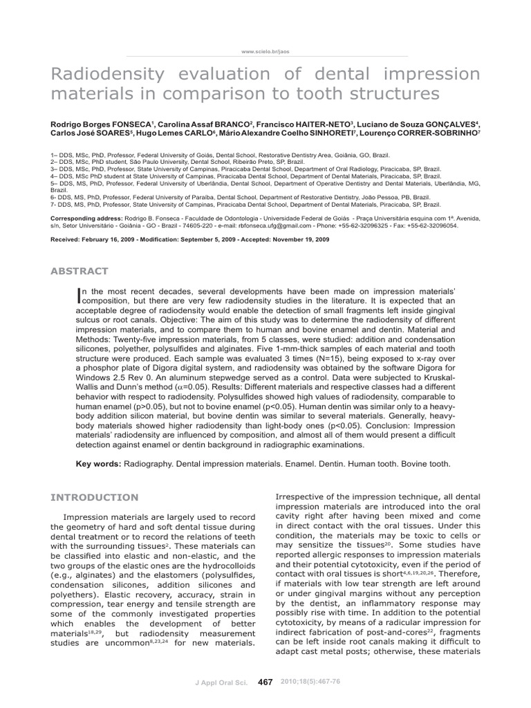 Radiodensity Evaluation of Dental Impression Mater | PDF | Scanning ...