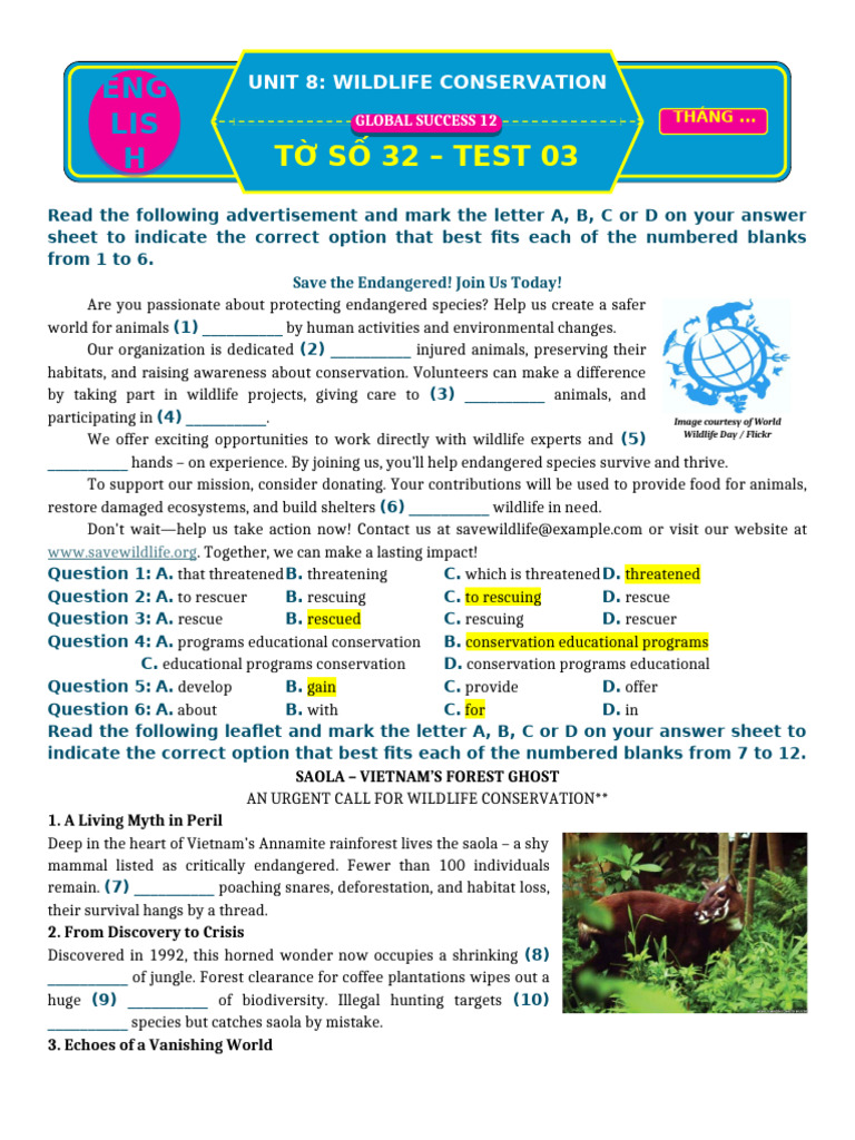 Tờ Số 32 Test 03 Unit 8 Wildlife Conservation | PDF | Conservation ...