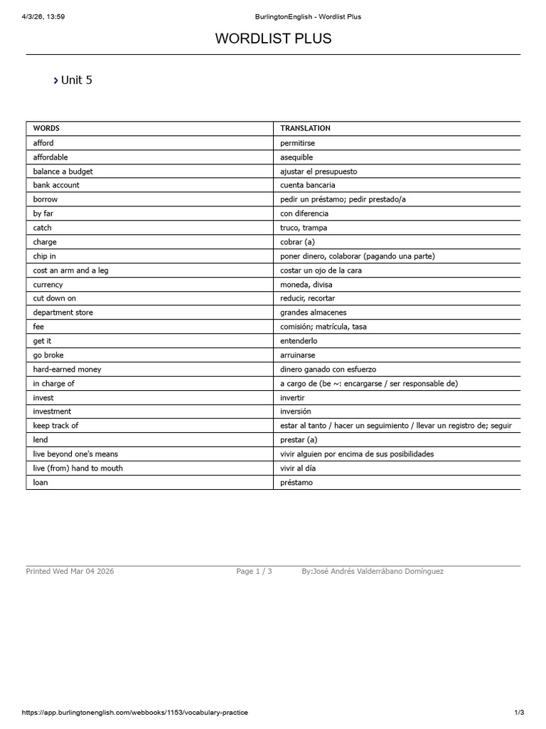 BurlingtonEnglish - Wordlist Plus UNIT 5 | PDF