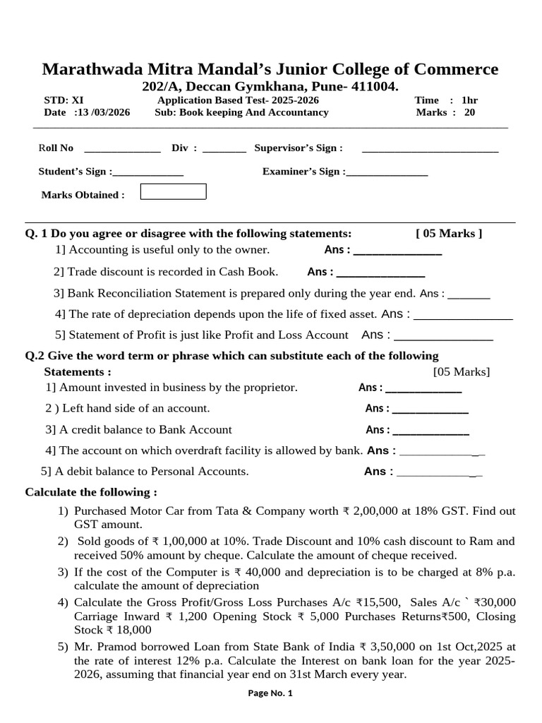 Xi Abt Question Papar January 2026 | PDF | Expense | Debits And Credits