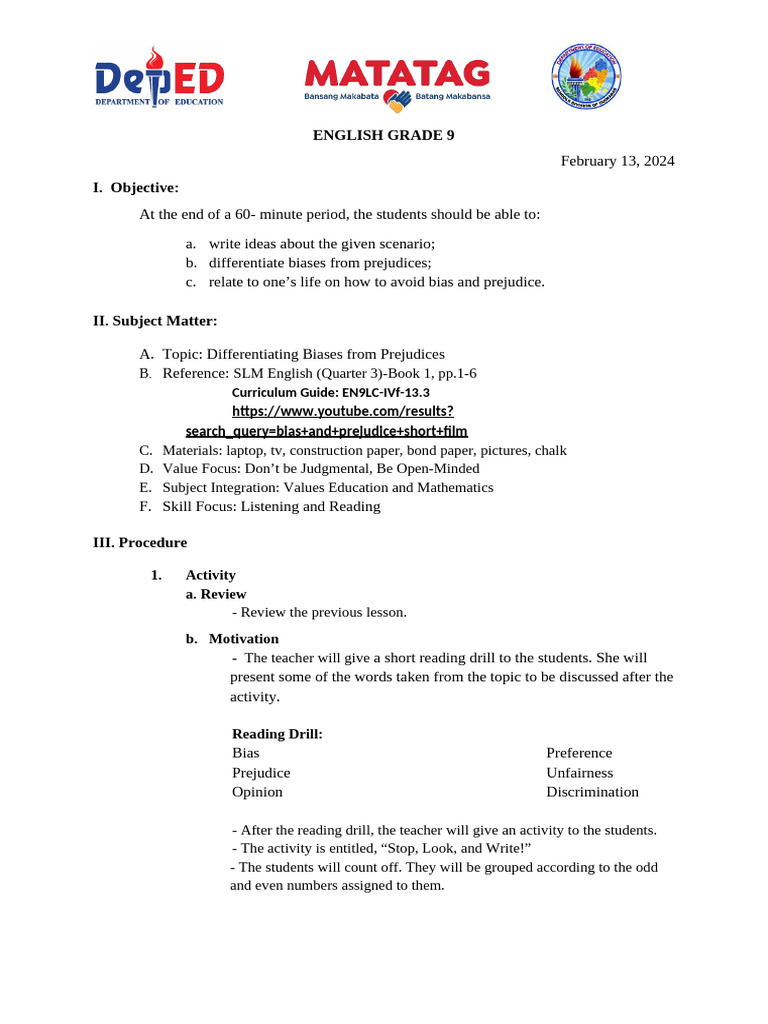 Lesson Plan in English 9 B | PDF | Bias | Prejudices