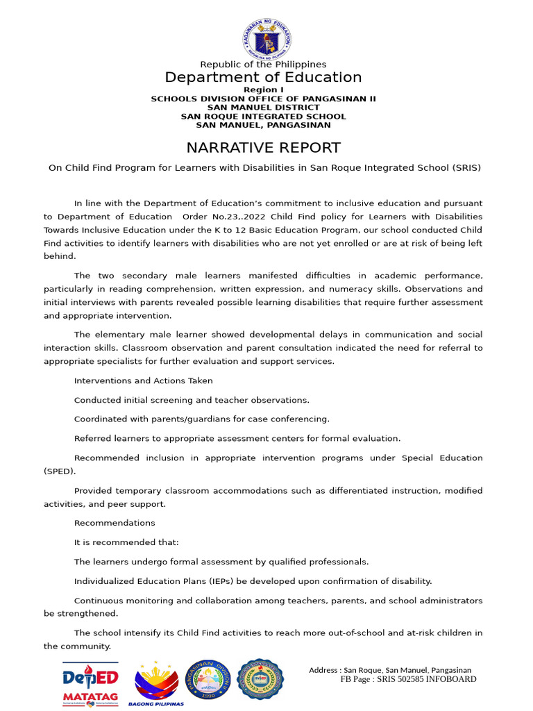 NARRATIVE REPORT Child Find Activities | PDF | Individualized Education ...