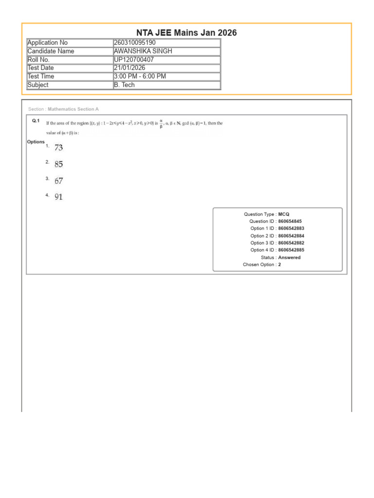21 Jan Shift 2 JEE Mains 2026 | PDF | Multiple Choice | Standardized Tests