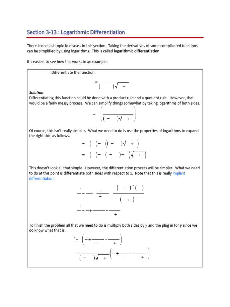 Logarithmic Differentiation Notes | PDF | Subtraction | Elementary ...