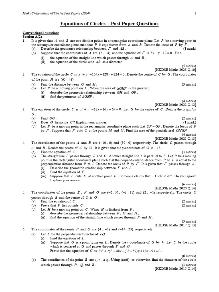 Past Papers - Equations of Circles - Eng | PDF | Circle | Line (Geometry)