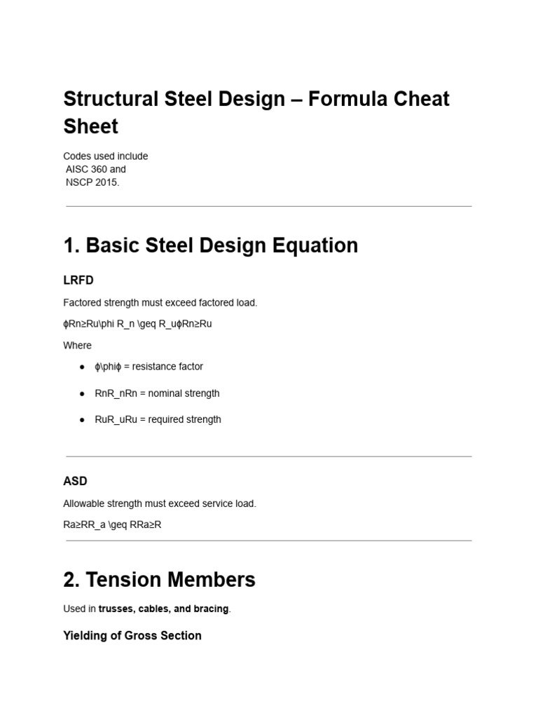 Structural Steel Design - Formula Cheat Sheet | PDF | Buckling | Bending