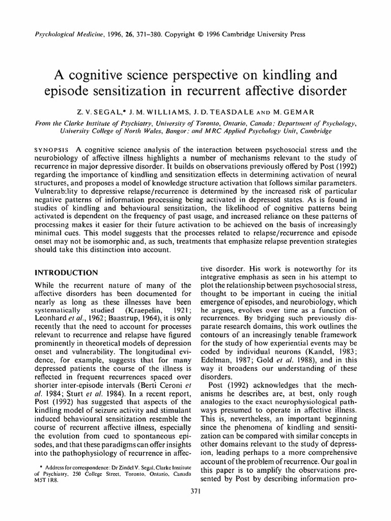 Segal 1996 | PDF | Major Depressive Disorder | Cognitive Behavioral Therapy