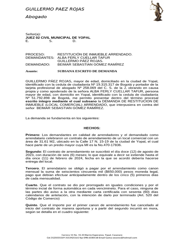 Demanda de Restitucion de Inmueble Corregida | PDF | Demanda judicial