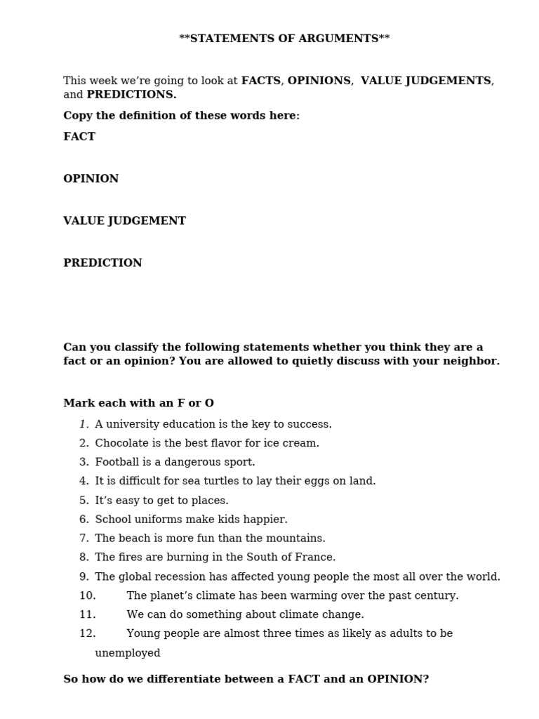 Fact Opinion Prediction Value Judgement | PDF | Climate Change ...