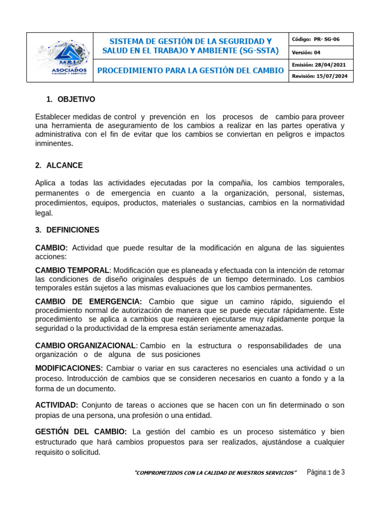 PR-SG-06 Procedimiento para La Gestion Del Cambio v.4 | PDF | Riesgo ...