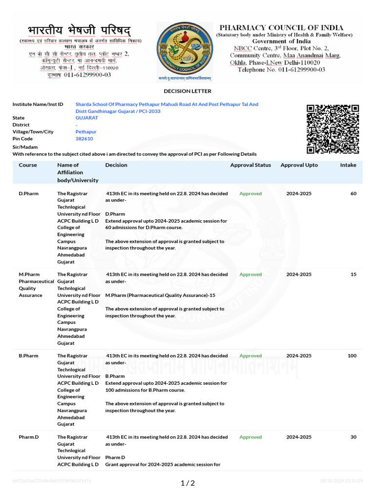 PCI Approval Letter 2024-2025 | PDF | Higher Education | Qualifications