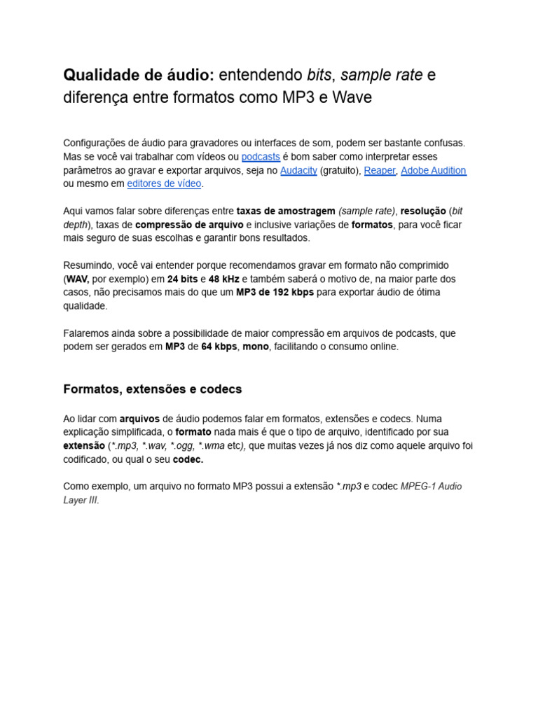 Qualidade de Áudio - Entendendo Bits, Sample Rate, mp3 e Wave | PDF ...