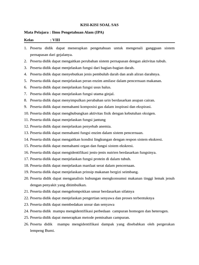 Kisi-Kisi Mapel Ipa Kelas Viii | PDF