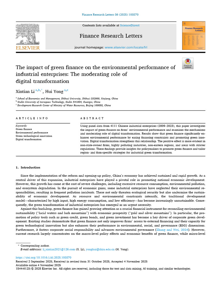 The impact of green finance on the environmental performance of | PDF ...