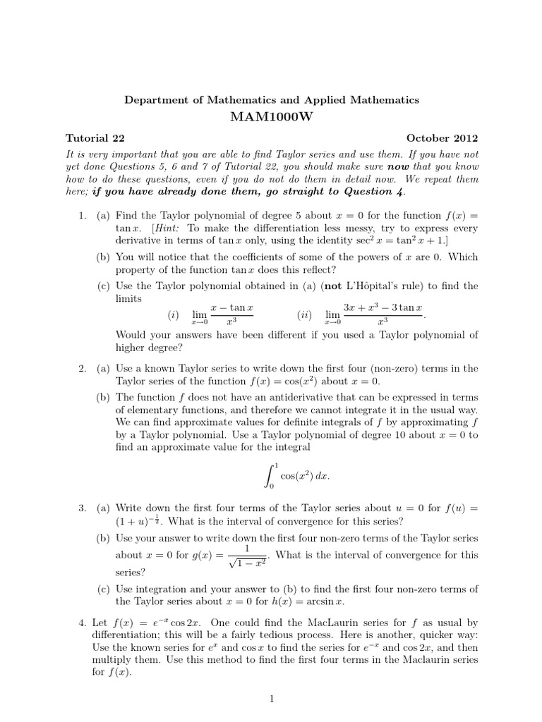 Tutorial+22+-+2012+ Taylor+Series+and+linear+algebra | PDF | Matrix ...
