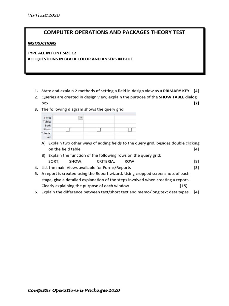 Computer Operations and Packages Theory Test | PDF