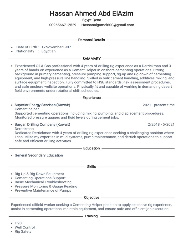 CV - Hassan Cementing Helper | PDF